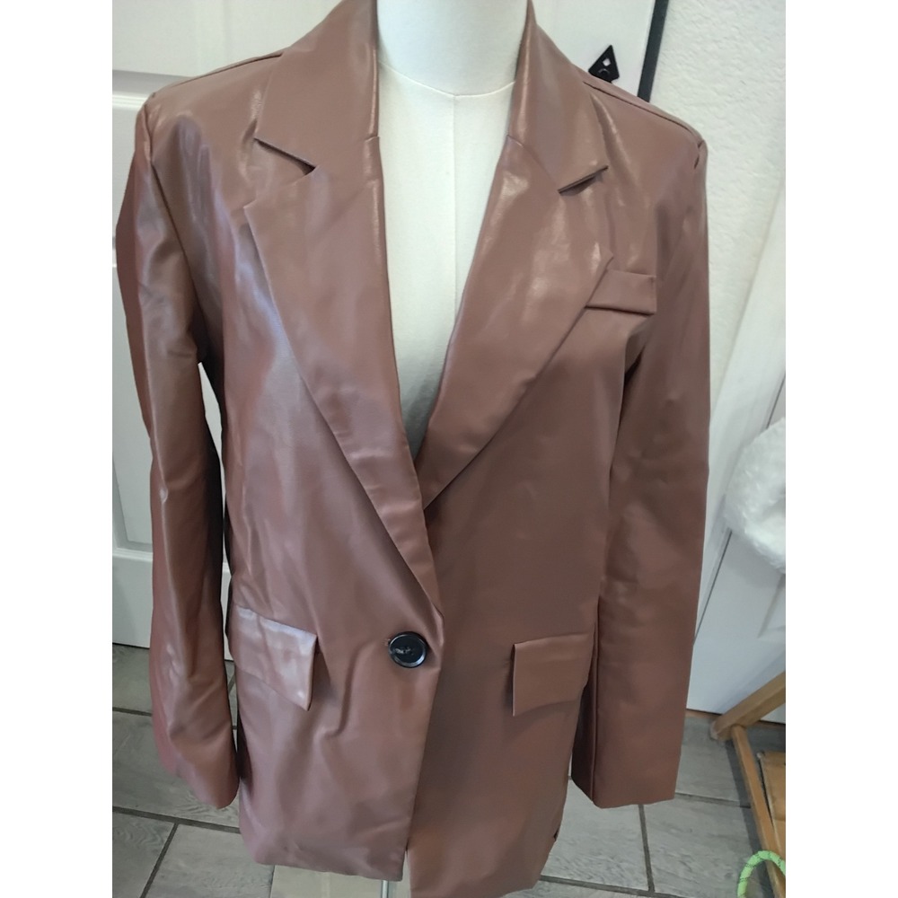 Princess‎ Polly Brown Faux Leather Oversized Blazer Jacket XS/S Single Button PU
